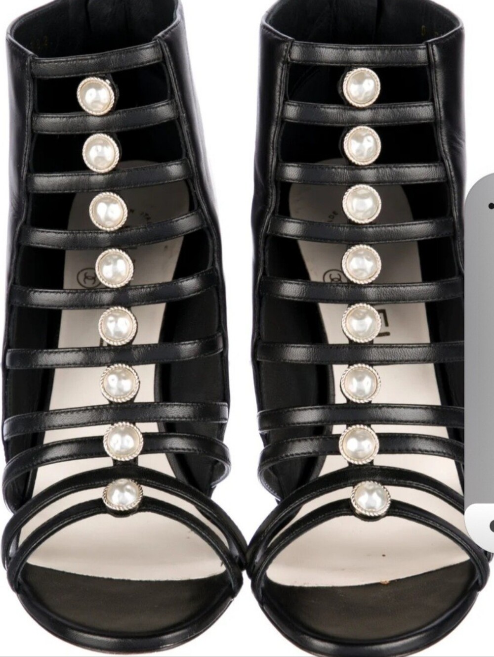 Chanel Black Strappy Pearl-Button Heeled Sandals -Authentic